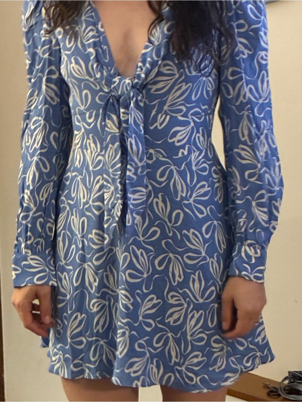 Ted Baker Blue and White Floral Tie-Neck Mini Dress